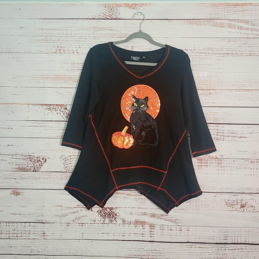 Vintage Onque Halloween Sequin Top | Petite Large | Black Cat Moon Pumpkin